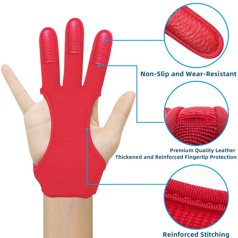 Seektop Archery Gloves Shooting Hunting Leather Three Finger Protector for Youth Adult Beginner (Red, S) - Image 2